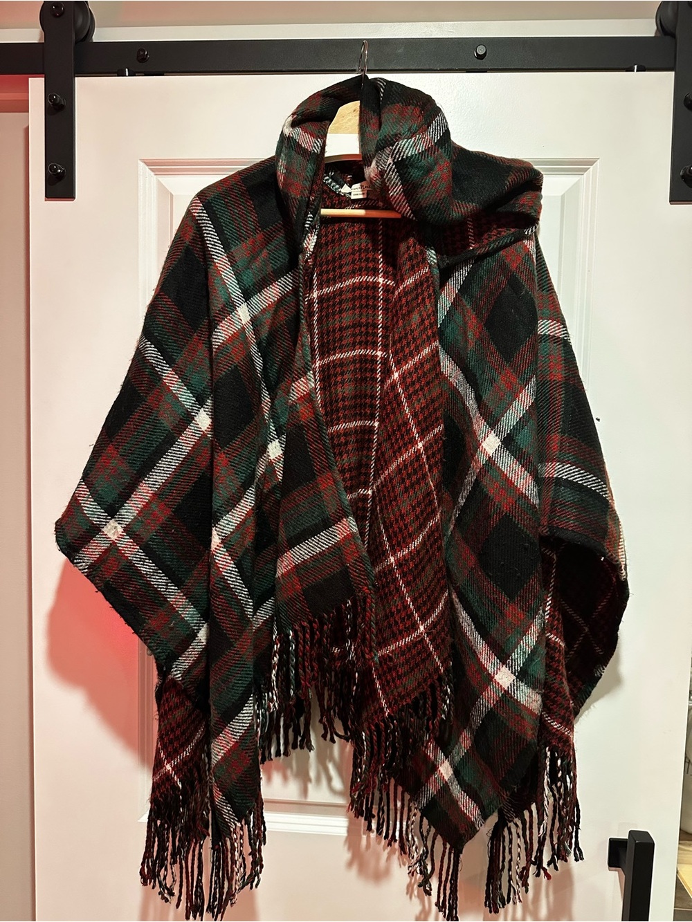 Simply Noelle Plaid Hooded Fringe Poncho in Red, Green & Black